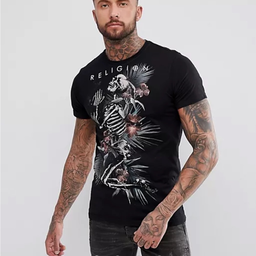 Religion‎ Black Short Sleeve Tropical Praying Skeleton Print Gothic T-Shirt L
